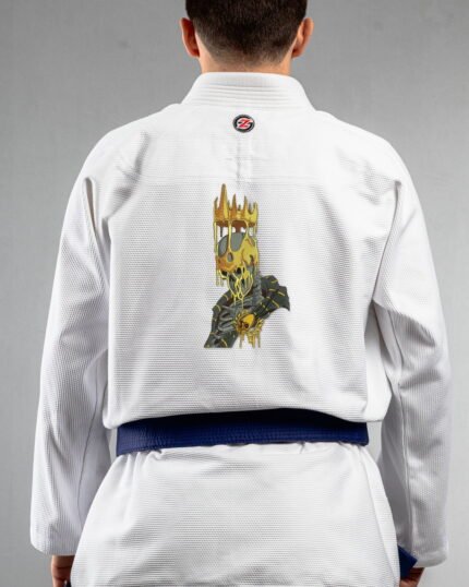 Golden King embroidery on the back of a white BJJ Gi