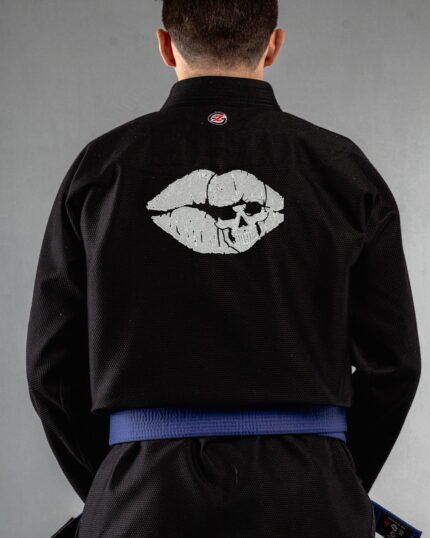 Skull Lips embroidery on the back of a black BJJ Gi
