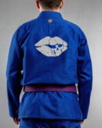 Skull Lips embroidery on the back of a blue BJJ Gi