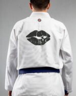 Skull Lips embroidery on the back of a white BJJ Gi