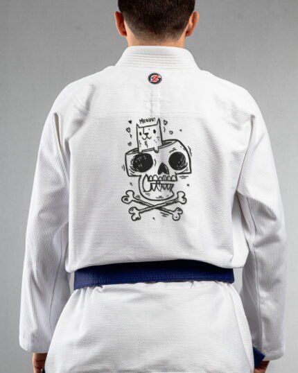 Meow Or Die embroidery on the back of a white BJJ Gi