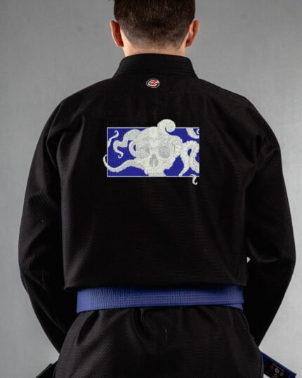 Skull Octopus embroidery on the back of a black BJJ Gi