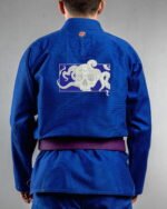 Skull Octopus embroidery on the back of a blue BJJ Gi