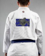 Skull Octopus embroidery on the back of a white BJJ Gi