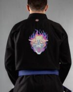 Skull Rock embroidery on the back of a black BJJ Gi