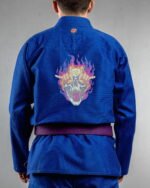 Skull Rock embroidery on the back of a blue BJJ Gi
