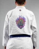 Skull Rock embroidery on the back of a white BJJ Gi
