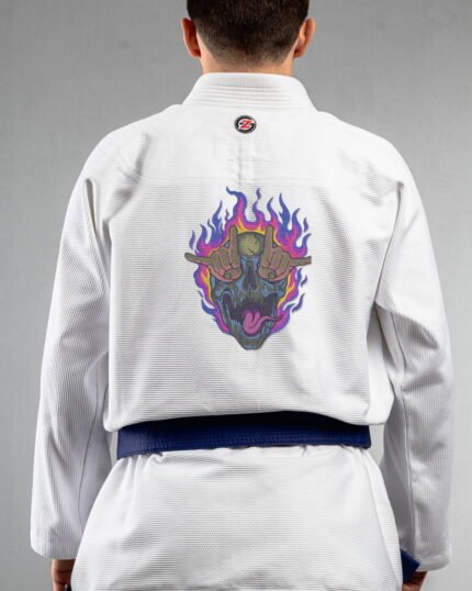 Skull Rock embroidery on the back of a white BJJ Gi
