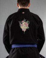 Skulls & Roses embroidery on the back of a black BJJ Gi