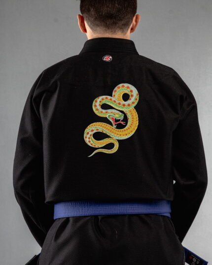 Snake embroidery on the back of a black BJJ Gi