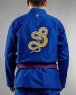 Snake embroidery on the back of a blue BJJ Gi