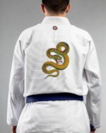 Snake embroidery on the back of a white BJJ Gi