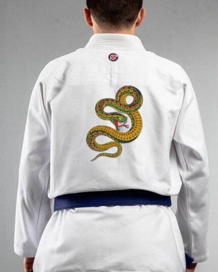 Snake embroidery on the back of a white BJJ Gi