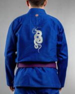 Snake Fangs embroidery on the back of a blue BJJ Gi
