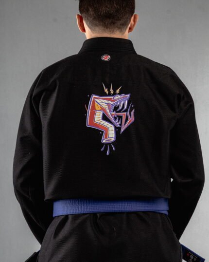Snake embroidery on the back of a black BJJ Gi