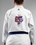 Snake embroidery on the back of a white BJJ Gi