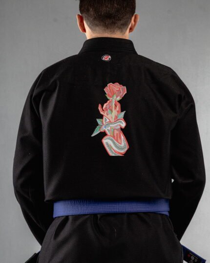 Snake & Rose embroidery on the back of a black BJJ Gi