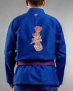 Snake & Rose embroidery on the back of a blue BJJ Gi