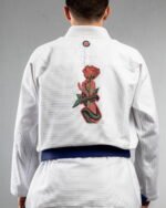 Snake & Rose embroidery on the back of a white BJJ Gi
