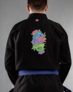 Snakes & Flowers embroidery on the back of a black BJJ Gi