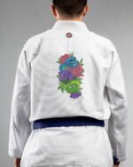 Snakes & Flowers embroidery on the back of a white BJJ Gi