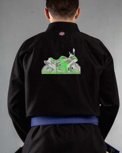 Sports Bike embroidery on the back of a black BJJ Gi