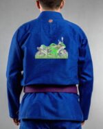 Sports Bike embroidery on the back of a blue BJJ Gi