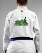 Sports Bike embroidery on the back of a white BJJ Gi