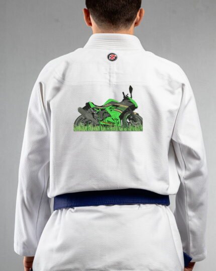 Sports Bike embroidery on the back of a white BJJ Gi