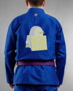 Steal Bitches embroidery on the back of a blue BJJ Gi