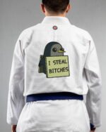 Steal Bitches embroidery on the back of a white BJJ Gi