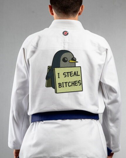 Steal Bitches embroidery on the back of a white BJJ Gi