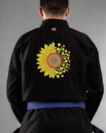 Sunflower embroidery on the back of a black BJJ Gi