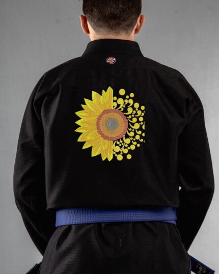 Sunflower embroidery on the back of a black BJJ Gi