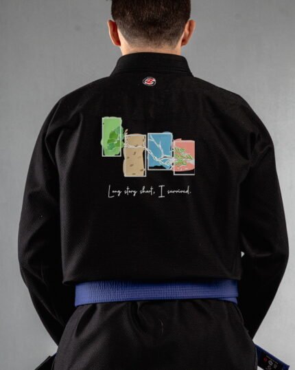 Long Story Short I Survived embroidery on the back of a black BJJ Gi