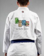 Long Story Short I Survived embroidery on the back of a white BJJ Gi