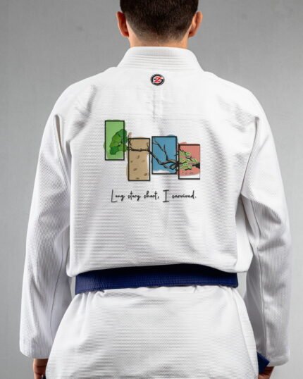 Long Story Short I Survived embroidery on the back of a white BJJ Gi
