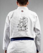 Swimming With The Sharks embroidery on the back of a white BJJ Gi