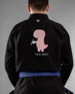 Tea Rex Bull Shit embroidery on the back of a black BJJ Gi