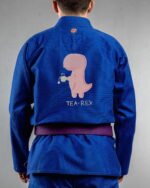 Tea Rex Bull Shit embroidery on the back of a blue BJJ Gi