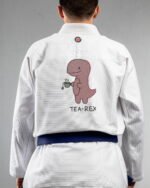 Tea Rex Bull Shit embroidery on the back of a white BJJ Gi