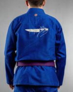Tears Of Blade embroidery on the back of a blue BJJ Gi