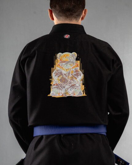 Teddy embroidery on the back of a black BJJ Gi