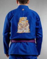 Teddy embroidery on the back of a blue BJJ Gi