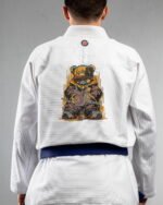 Teddy embroidery on the back of a white BJJ Gi