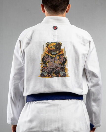 Teddy embroidery on the back of a white BJJ Gi
