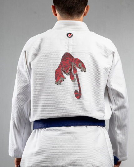 Tiger Claws embroidery on the back of a white BJJ Gi