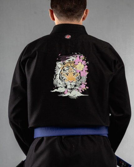 Tiger embroidery on the back of a black BJJ Gi