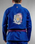 Tiger embroidery on the back of a blue BJJ Gi