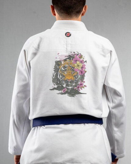 Tiger embroidery on the back of a white BJJ Gi